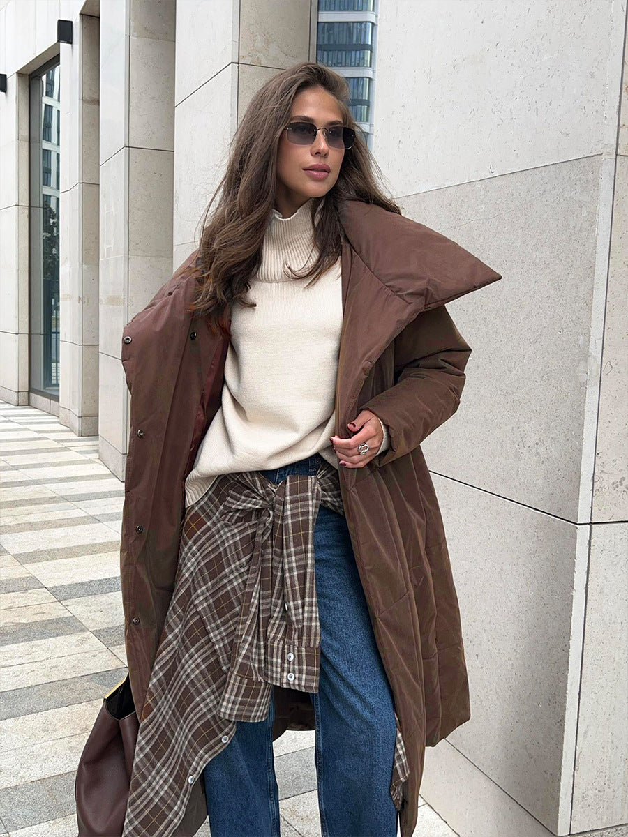 Cappotto Lungo Oversize Con Risvolto, Con Tasche e Design Allacciato, Tinta Unita