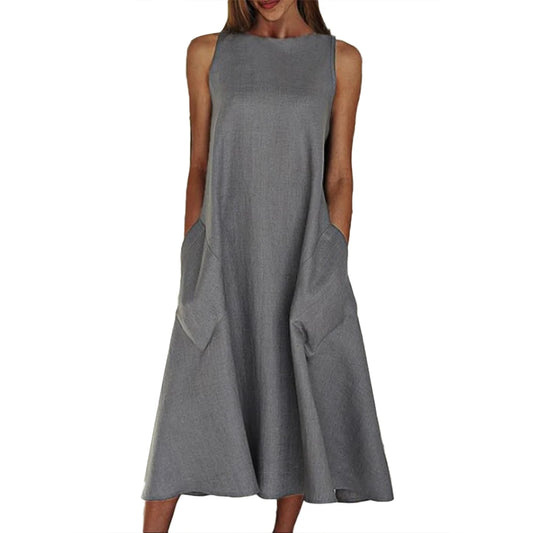 Women's Summer Vintage Sleeveless O-Neck Dress with Pockets and Wide Skirt, Casual Long Dress Available in Various Colors