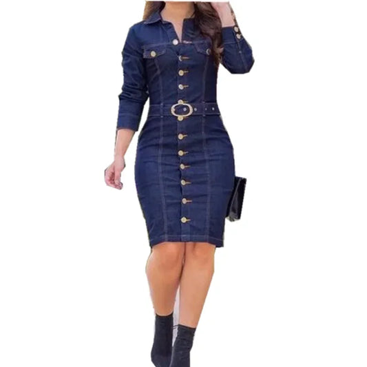 Women's Denim Dress with Collar, Slim Fit, Elegant Sheath, Long Sleeves, High Waist, Button Closure