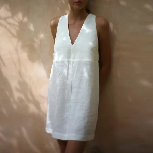 Women's Summer Linen Dress, Sexy V-Neck Sleeveless, Elegant Mini Beach Dress for Holiday 2025