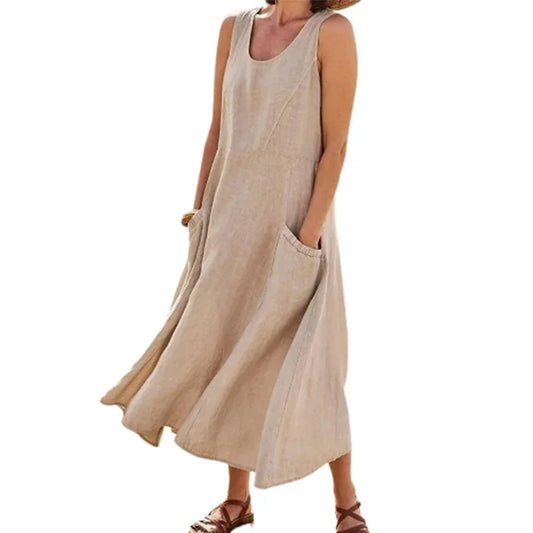 Women's Summer Sleeveless Dress with Suspenders, Side Pockets, Simple and Casual for Commuting