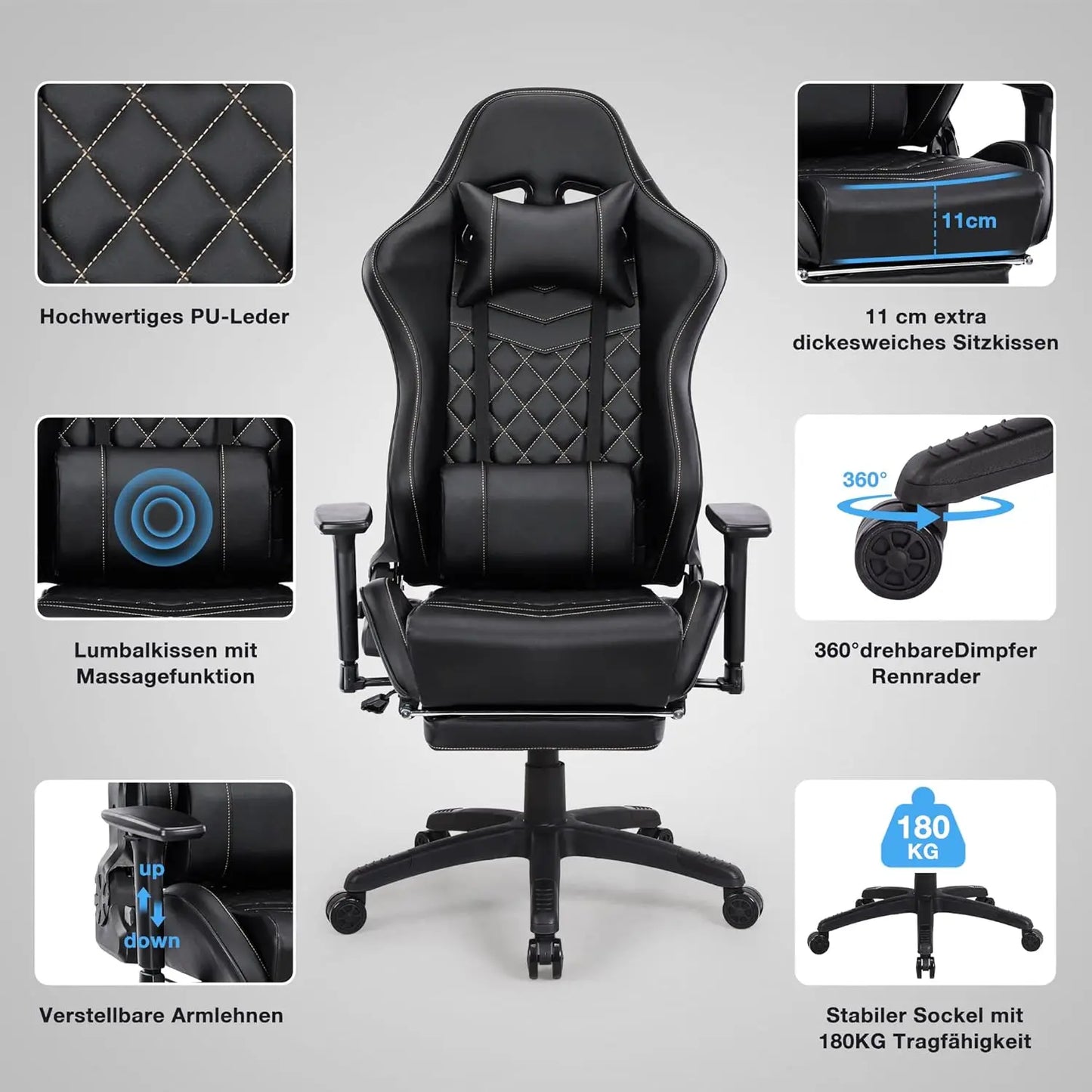 Sedia da Computer Ergonomica con Massaggio, Poggiapiedi Estraibile e Altezza Regolabile, Poltrona da Ufficio Reclinabile con Seduta Imbottita, Colore Nero