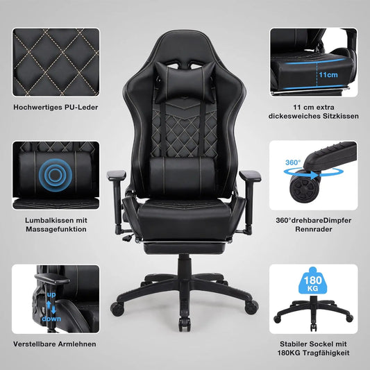 Sedia da Computer Ergonomica con Massaggio, Poggiapiedi Estraibile e Altezza Regolabile, Poltrona da Ufficio Reclinabile con Seduta Imbottita, Colore Nero