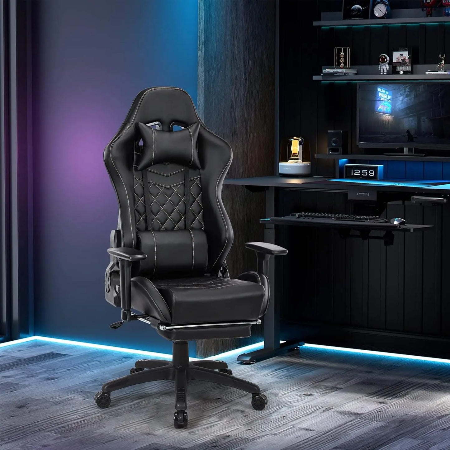Sedia da Computer Ergonomica con Massaggio, Poggiapiedi Estraibile e Altezza Regolabile, Poltrona da Ufficio Reclinabile con Seduta Imbottita, Colore Nero
