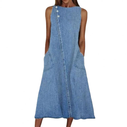 Women's Loose Vintage Sleeveless Denim Dress with Pockets Solid Color Midi Summer Streetwear Style