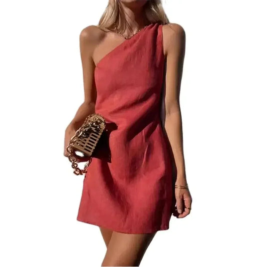 Women's Summer Dress with Asymmetric Neck in Cotton and Linen, Sleeveless, Casual and Comfortable Style