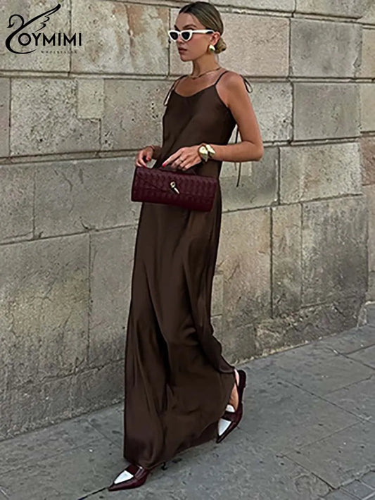 Women's Brown Elegant Dress, Sleeveless with Thin Shoulder Straps, Open Back, Long and Straight for Casual and Streetwear Look