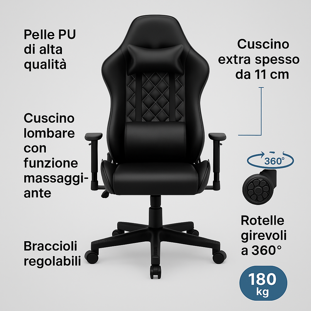 Sedia da Computer Ergonomica con Massaggio, Poggiapiedi Estraibile e Altezza Regolabile, Poltrona da Ufficio Reclinabile con Seduta Imbottita, Colore Nero