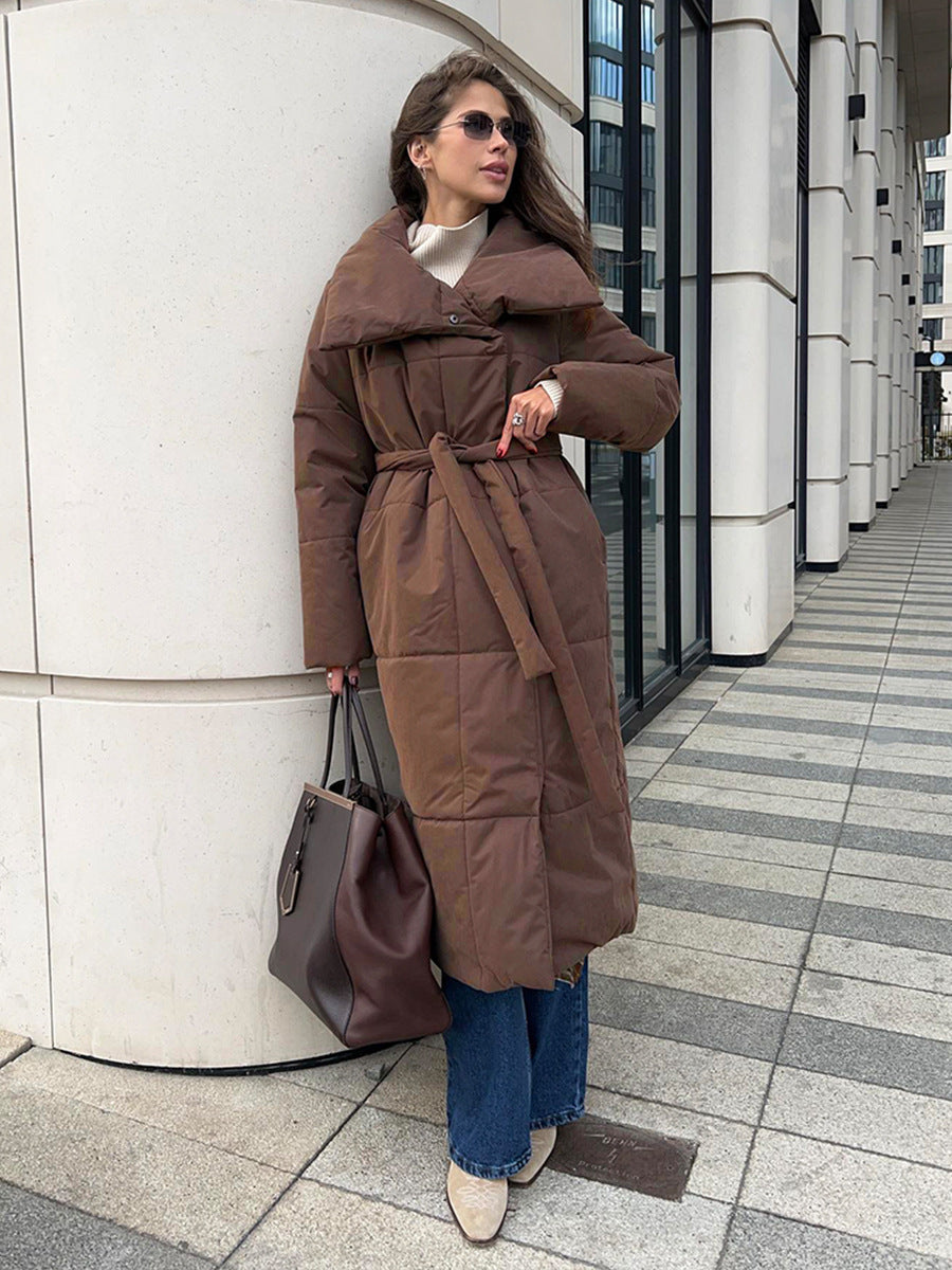 Cappotto Lungo Oversize Con Risvolto, Con Tasche e Design Allacciato, Tinta Unita